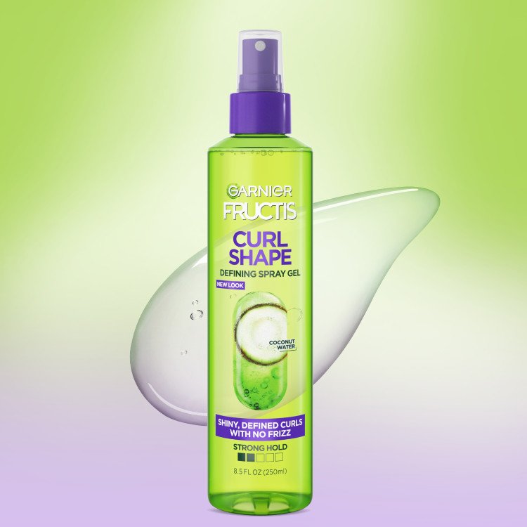 Curl Shape Spray Gel bottle, front view.